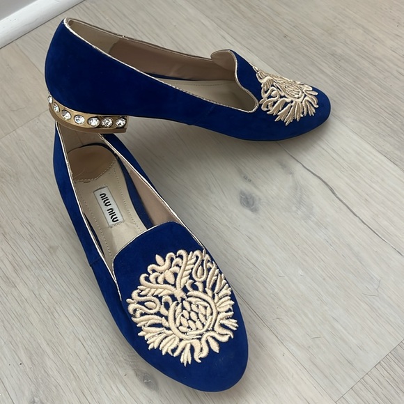 Miu Miu Royal Blue and Cream Embroidered Loafers - Picture 1 of 6